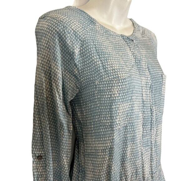 Lou & Grey Womens Blue Button Down Drawstring Waist Roll Tab Sleeve Dress Small - Picture 2 of 14